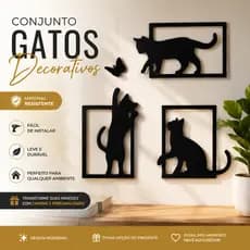 Conjunto Gatos Decorativos | Para Parede Decoração Moderna Sala Quarto Escritório Kit Completo Decoração Moderna Premiu