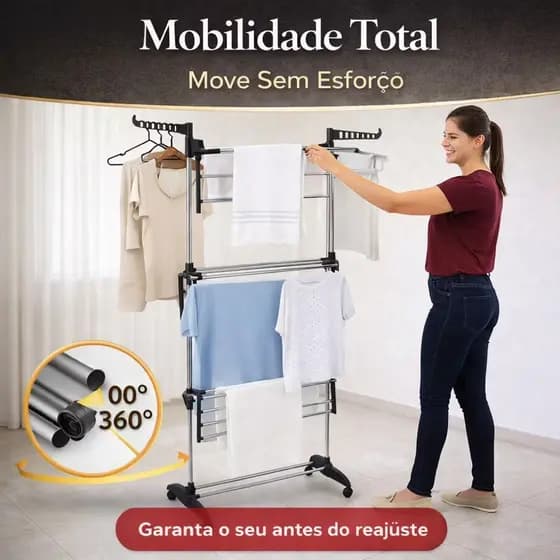 Varal Torre SmartSpace Pro 3 Andares Dobrável com Cabideiro Reforçado – Compacto e Resistenter