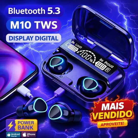 Fone Bluetooth M10 TWS Sem Fio Display Digital | Som Estéreo Grave Potente | Android e iPhone | Estojo Power Bank