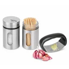 Kit, 2 Saleiro, paliteiro, porta condimento, pimenteiro aço e vidro + 01Amassador ,espremedor ,Triturador de alho