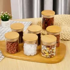 Kit 5 Potes Tempero Mantimentos Vidro Tampa De Bambu 300ml Organizador de Cozinha