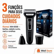 Barbeador Elétrico Kemei KM-6558 3 em 1 com Aparador de Cabelo e Nariz