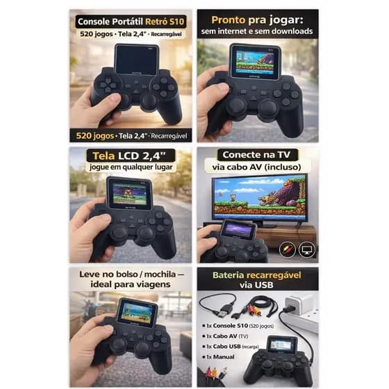 Console Portátil Retrô S10 520 Jogos Clássicos Tela LCD 2.4” + Cabo AV + USB