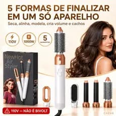 Escova Modeladora 5 em 1 110V 1000W Branca Dourada com 5 Acessórios Seca Alinha Modela Cabo Fixo para Cabelo
