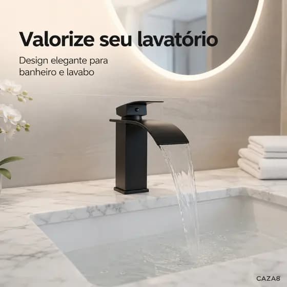 Torneira Monocomando Lavatório Preta Fosca Bico Cascata BM-F1385 Para Banheiro Cuba Design Moderno