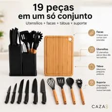 Kit Utensílios Cozinha 19 Peças Silicone Preto Cabo Madeira Facas Tábua Suporte Organizador