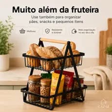 Fruteira de Mesa 2 Andares em Aço Inoxidável com Alça de Madeira, Desmontável e Multiuso, Organizador Aramado para Fruta