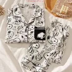 Pijama feminino fofo estilo Ins com estampa do Snoopy, nova coleção primavera/outono, conjunto de manga comprida e calça