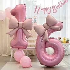 Balões numéricos de 40 polegadas com laços rosa, adequados para decoração de festas de aniversário de meninas