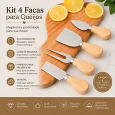 Kit Facas para Queijo 4 Peças em AÇO INOX e Madeira Garfo Faca Corta Espátula Frioss