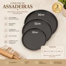 KIT 3 Formas De Pizza Bandeja Grande Antiaderente Redonda Forma 30cm/32cm/36cm