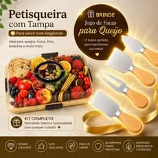 Petisqueira de Bambu com Tampa e Alça C/ Divisoria Tábua de Frios Grande Brinde Jogo de facas de Queijo - COR ALEATORIA