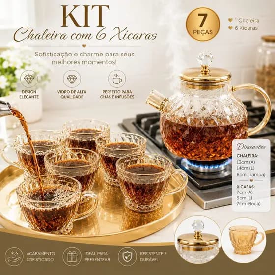 Kit 6 Xicaras C/ Chaleira de Vidro Dourada com Infusor Tampa Com Cristal 1L