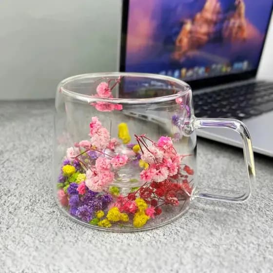 Xícara De Vidro De Parede Dupla Com Flor Seca Caneca 220ml COR aleatória