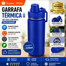 Garrafa Térmica Inox Parede Dupla Azul Vácuo 570ml Não Vaza Academia Caminhada Escola Trabalho Academia