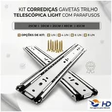 Kit Corrediças Gaveta Trilho Telescópica Light HD COM Parafusos 25cm - 30cm - 35cm - 40cm - 45cm