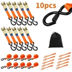 Kit 10 Peças Cinta de Amarração com Catraca Premium 25mm x 5m 800kg com Bolsa, Cinta de Ancoragem e Mosquetão