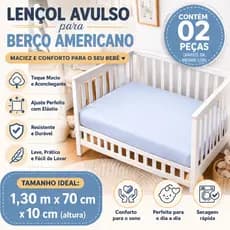 Lençol Berço Americano Avulso com Elástico Kit 2 Peças –  Confortável, Antialérgico 100% Poliéster