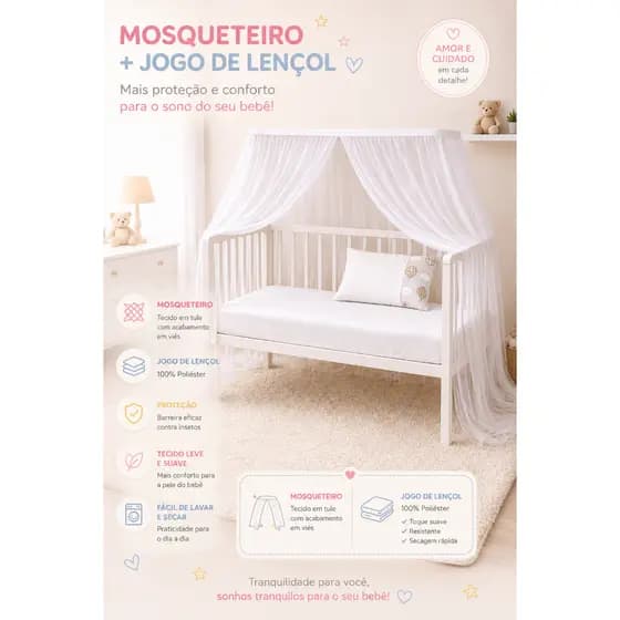 Kit Mosquiteiro Berço Americano + Jogo de Lençol Bebê Completo Luxo
