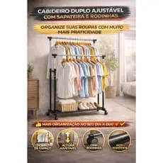 Cabideiro Duplo Ajustável com Sapateira e Rodinhas Arara de Roupas em Aço Preto Resistente Multiuso Closet Lavanderia