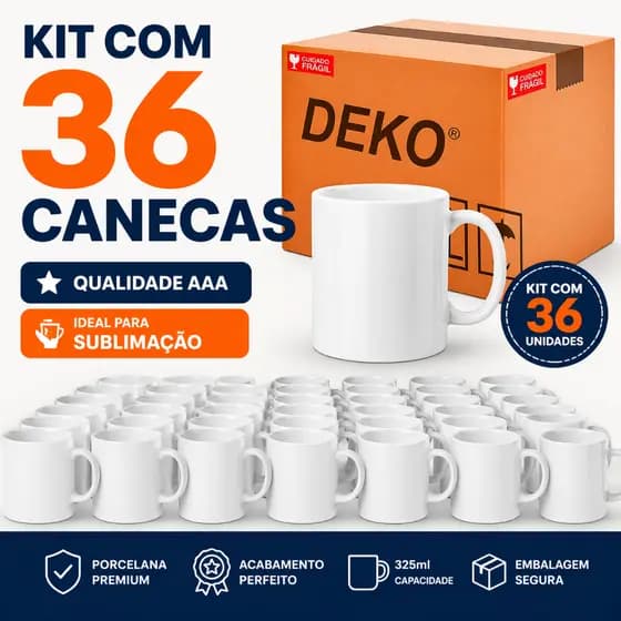 Kit 36 Canecas Brancas 325ml Sublimação AAA Porcelana DEKO Atacado p/ Revenda Alta Qualidade