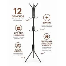Cabideiro Mancebo De Chão 12 Ganchos em Aço Resistente Organizador p/ Roupas Casacos e Chapéus Preto