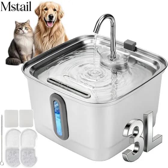 Mstail 3L Bebedouro automático de aço inoxidável de 3L para cães e gatos com visor e alimentação silenciosa