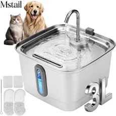 Mstail 3L Bebedouro automático de aço inoxidável de 3L para cães e gatos com visor e alimentação silenciosa