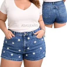 Plus Size Short Jeans 54 ao 46 Feminino Bordado com Bolso Frontal Sem Elastano