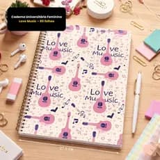 🔥 Caderno Universitário Feminino Love Music 1 Matéria 80 Folhas Animativa