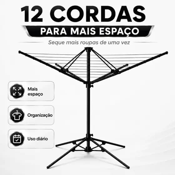 Varal 12 Cordas Chão Alumínio Retrátil Portátil Preto Luxo Dobrável Roupa Lavanderia