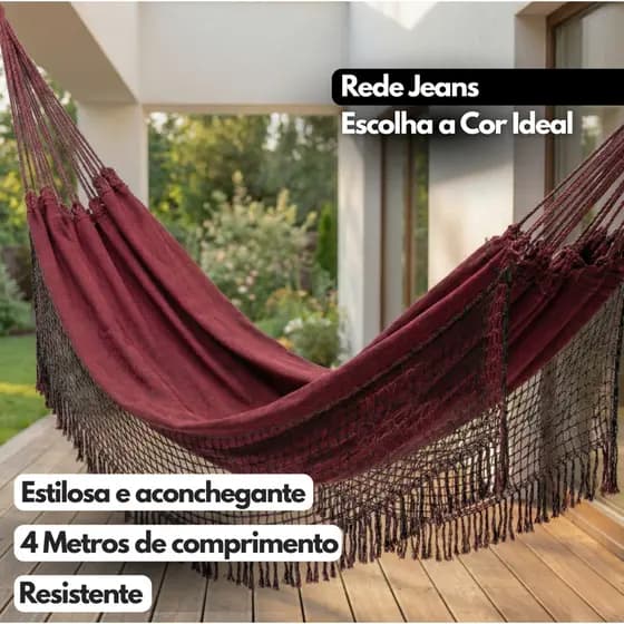 Rede De Dormir Descanso 4Metros Grande Casal Reforçada Jeans Mesclada Franja Algodão