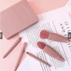 Kit Pincéis Maquiagem 5 Peças Rosa com Estojo Organizador Espelho e Cerdas Macias