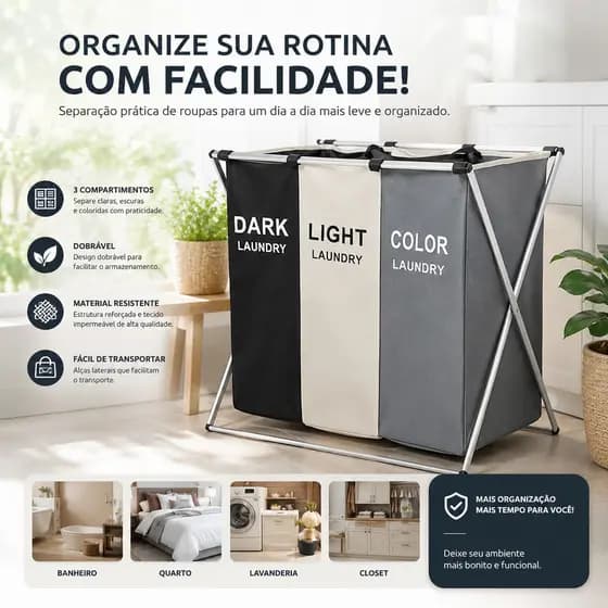Cesto de Roupas Suja Dobrável 3 Compartimentos Organizador Grande PREMIUM