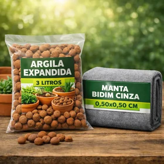 Kit Drenagem 3 L Argila Expandida e 0,50x0,50 Manta Bidim para drenagem de Vasos e Jardim.