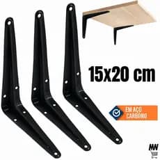 Kit 2 / 20 Suportes Mão Francesa Preta 15 X 20cm Para Prateleira Tábua Cantoneira Reforçada Preta