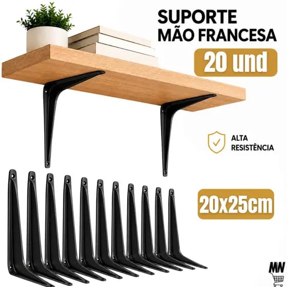 Kit 2 até 20 Suportes Mão Francesa Preta 20 X 25cm Prateleira Tábua Cantoneira Reforçada Preta
