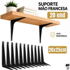 Kit 2 até 20 Suportes Mão Francesa Preta 20 X 25cm Prateleira Tábua Cantoneira Reforçada Preta