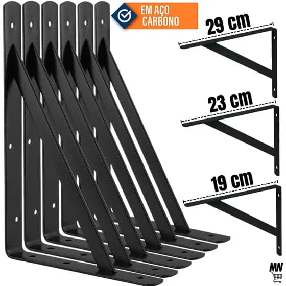 Kit 2/12 Suportes Mão Francesa Preta 23cm/19cm Canto Tábua Cantoneira Reforçada Black