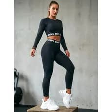 Conjunto Esportivo Feminino Legging + Cropped Manga Longa/Curto Térmico Frio Academia