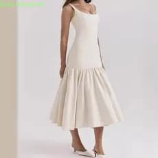 Women Long Dress Pure Color Evening Women’s Backless Slim Fit Midi with Ruffle Hem Low-cut Pleated Big Swing Party Pro