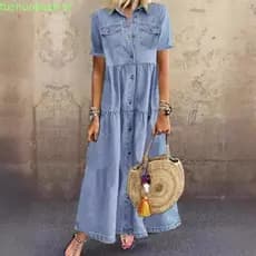 2024 Novo Estilo de Vestido de Ganga Estilo Denim Longo Multi-Button Distressed Dress