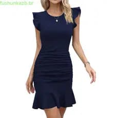 Vestido Curto Feminino Casual de Verão, Gola Redonda, Mangas com Babados, Franzido e Justo ao Corpo