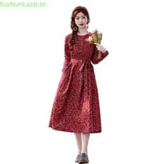 Algodão impresso Floral vestido de comprimento médio feminino 2026 primavera outono novo estilo temperamento mais magro