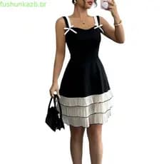 Roupas femininas 2025 verão novo estilo estilingue vestido contraste cor Multi-camada bolo saia