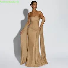 Vestido Maxi Feminino Sibybo Tomara que Caia Franzido com Bandagem Brilhante Elegante Ombro a Ombro Sem Costas Justo ao