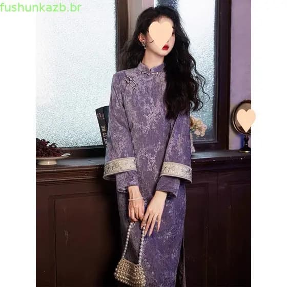 Feminino Novo Roxo Cheongsam Fino Melhorado Qipao Manga Longa Vintage Estilo Chinês Vestidos Longos High-end Ameixa Flor