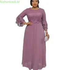 3/4 Manga Flare Sleeve Waist Tight A-Line Flower Decor Vestido Noturno Bordado Em Renda Chiffon Flowy Hem Patchwork Plu