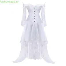 Vestido Feminino Gótico Espartilho Plus Size Overbust Vestidos Para Mulheres Fora Do Ombro Manga Comprida De Casamento R
