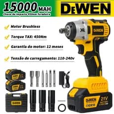 Chave De Impacto Reforçada Brushless Motor Sem Escovas Com 2 Baterias 21v 5,0Ah